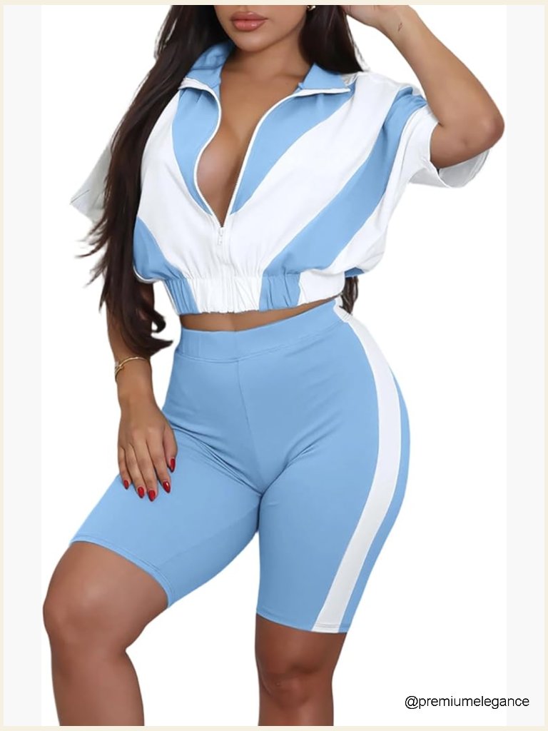 Color Block Cropped Jacket And Biker Shorts Lounge Set, Zip Up, Short Sleeve
